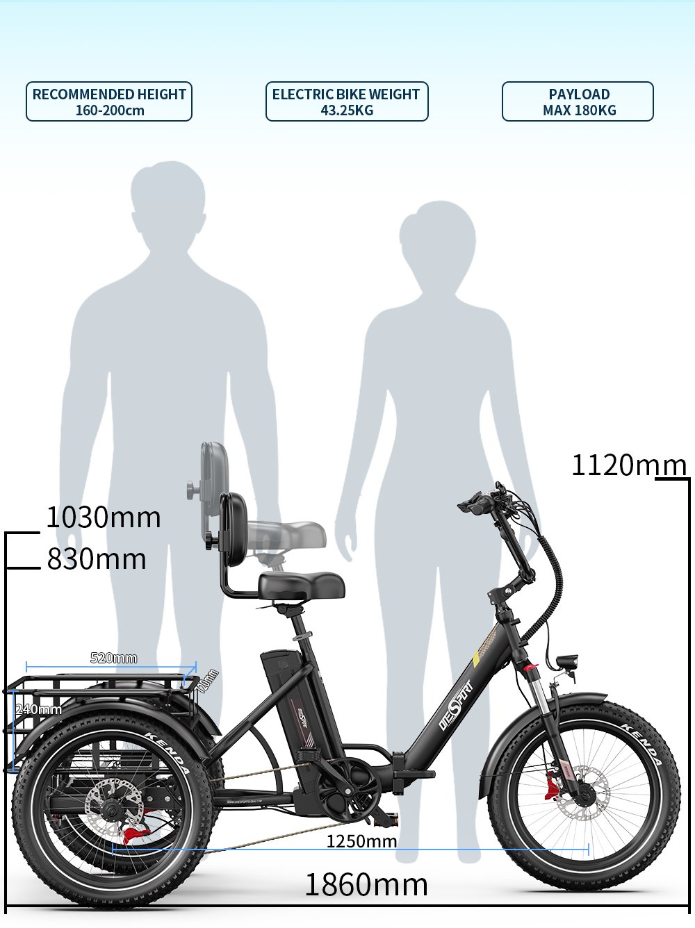 electric tricycle 500w motor foldable design large grocery basket 40km range