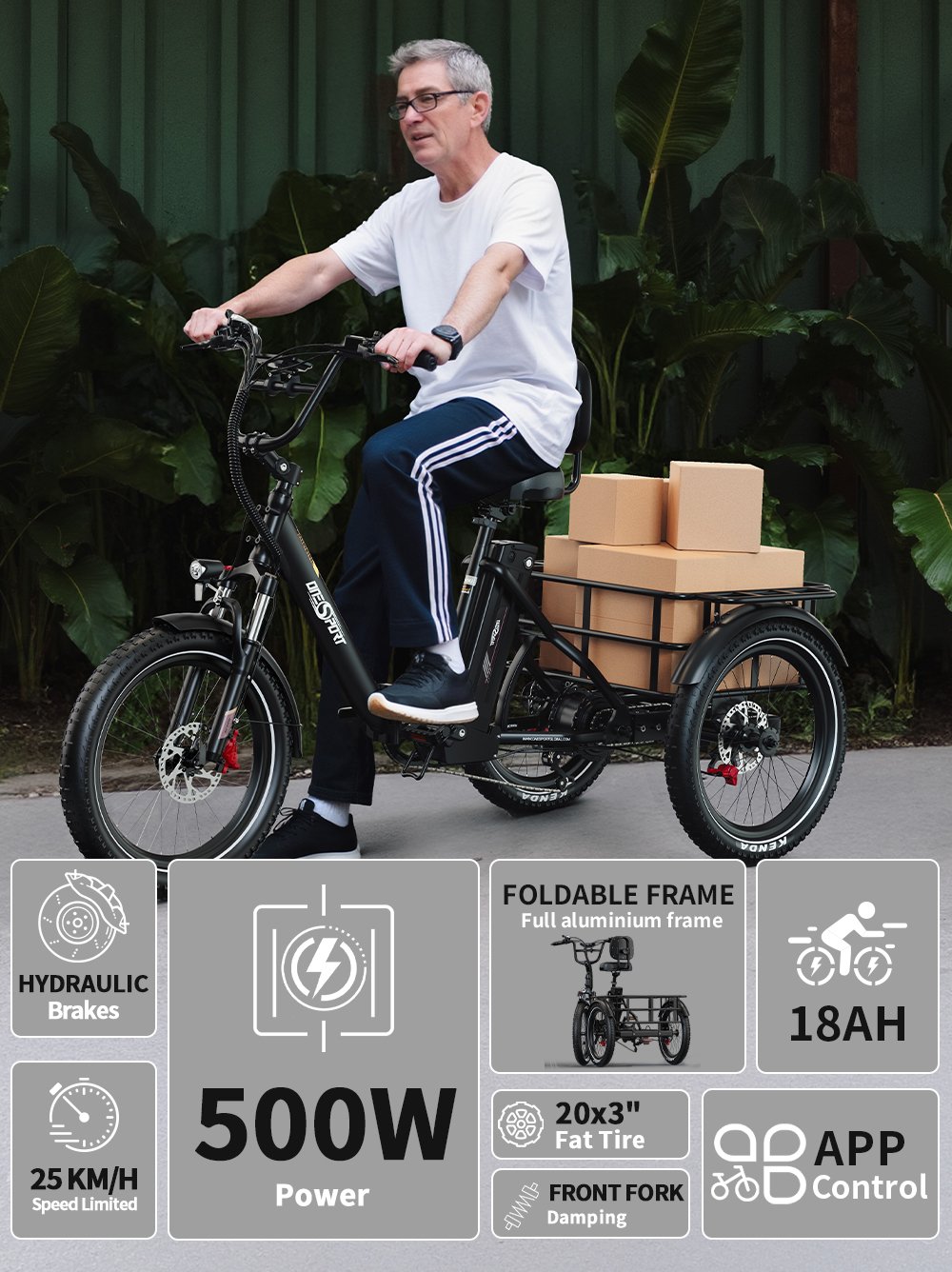 electric tricycle 500w motor foldable design large grocery basket 40km range
