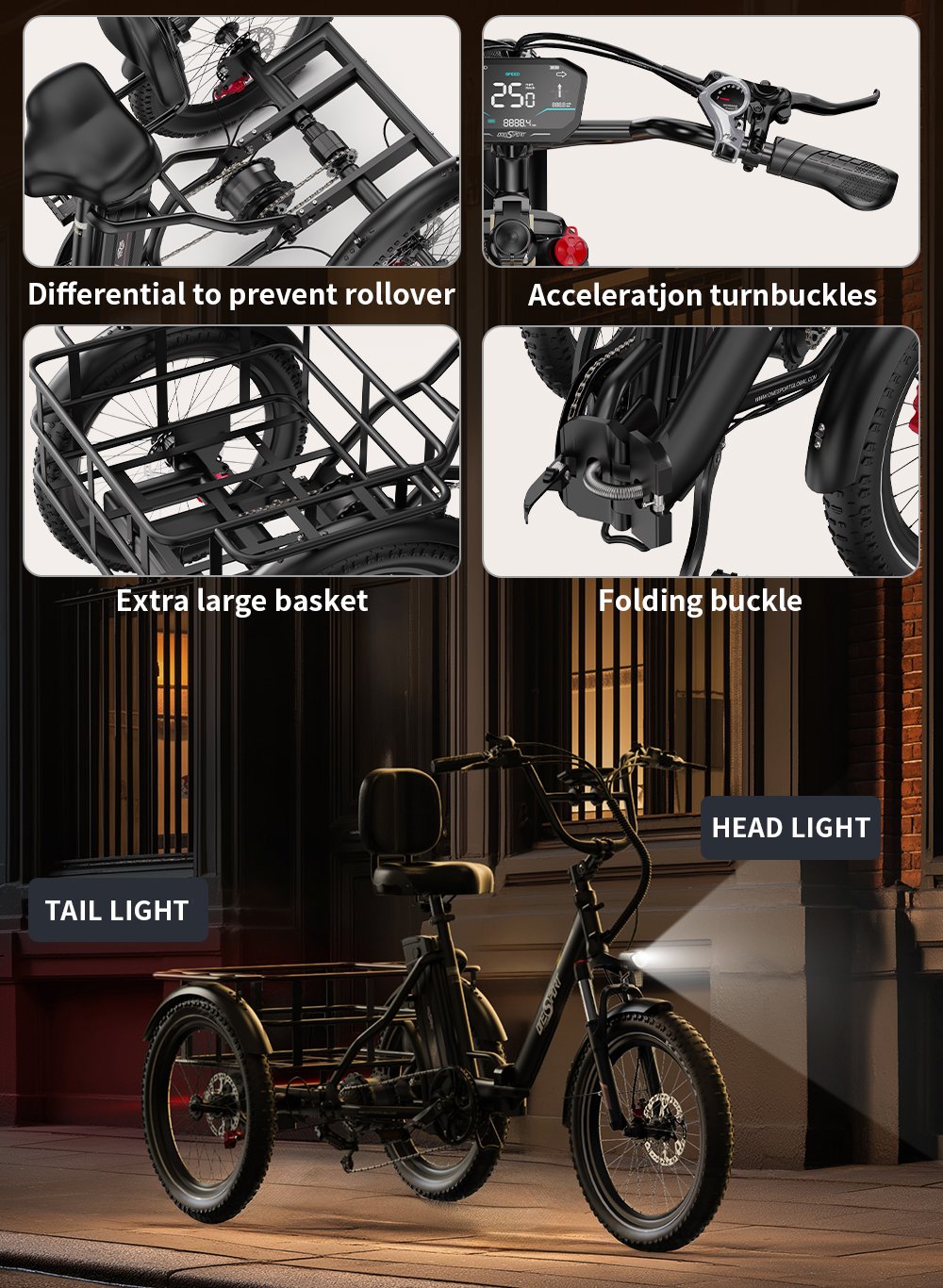 electric tricycle 500w motor foldable design large grocery basket 40km range