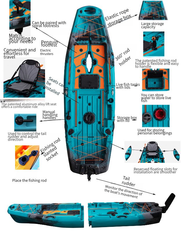 This 9.5FT modular kayak features a two-section detachable design. As a result, it is easy to store, transport, and assemble. Moreover, the pedal propeller system lets you fish hands-free with greater stability.